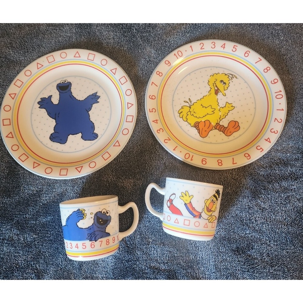 Vintage Sesame Street Porcelain Child Cup & Plate Set Big Bird Cookie Monster